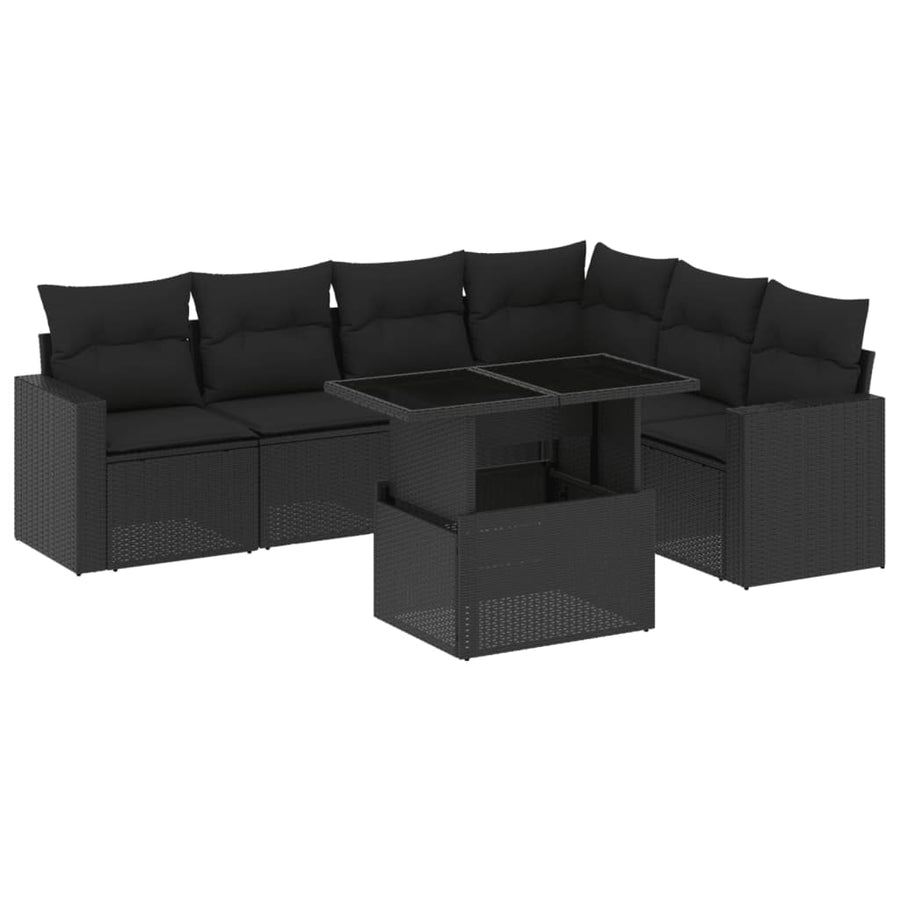7-delige Loungeset met kussens poly rattan zwart