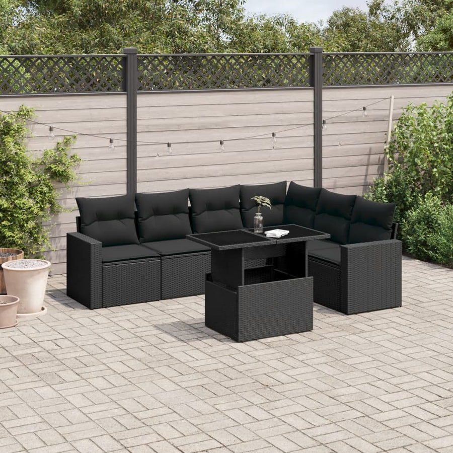7-delige Loungeset met kussens poly rattan zwart
