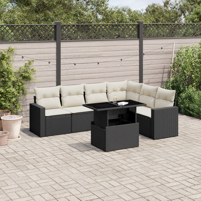 7-delige Loungeset met kussens poly rattan zwart