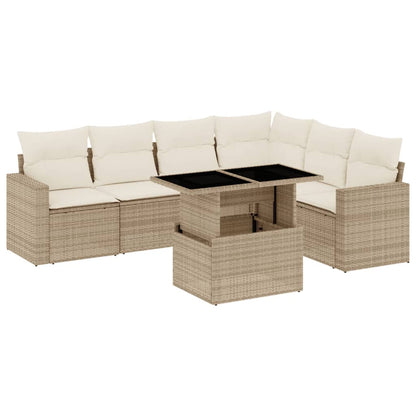 7-delige Loungeset met kussens poly rattan beige