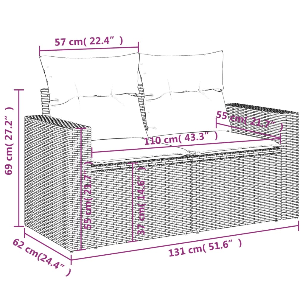 7-delige Loungeset met kussens poly rattan grijs
