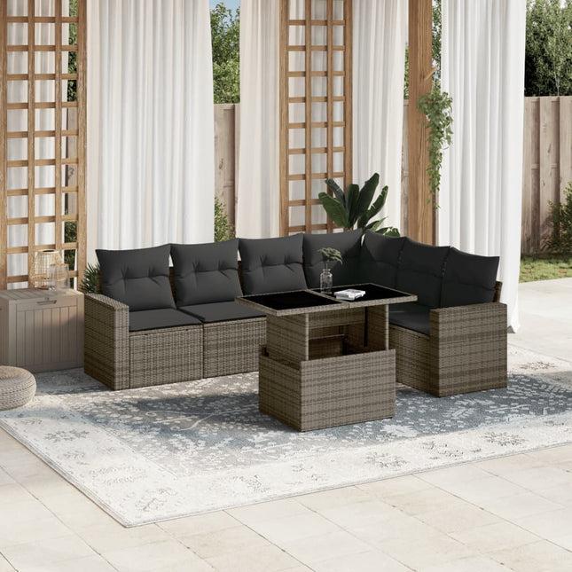 7-delige Loungeset met kussens poly rattan grijs