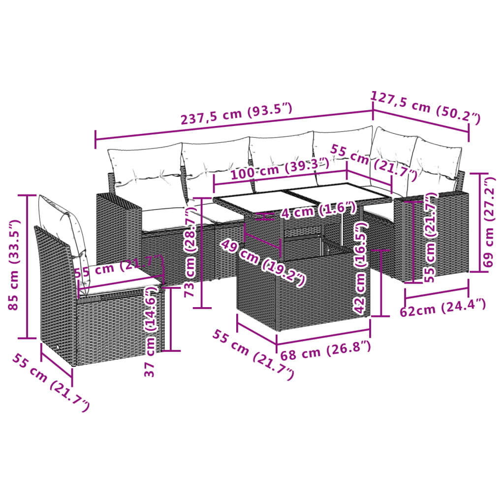 7-delige Loungeset met kussens poly rattan zwart