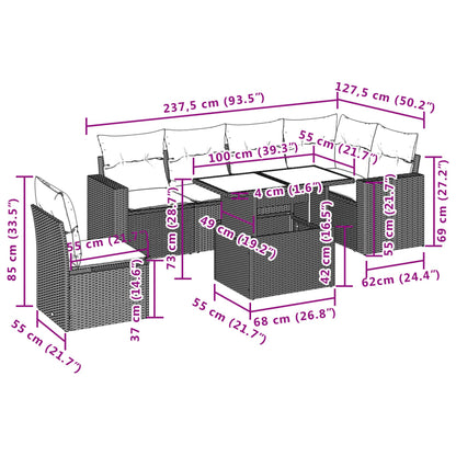 7-delige Loungeset met kussens poly rattan zwart