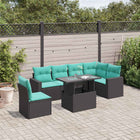 7-piece garden sofa set with cushions in black poly rattan