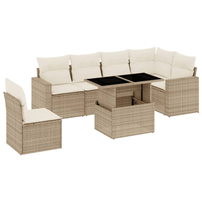 7-delige Loungeset met kussens poly rattan beige