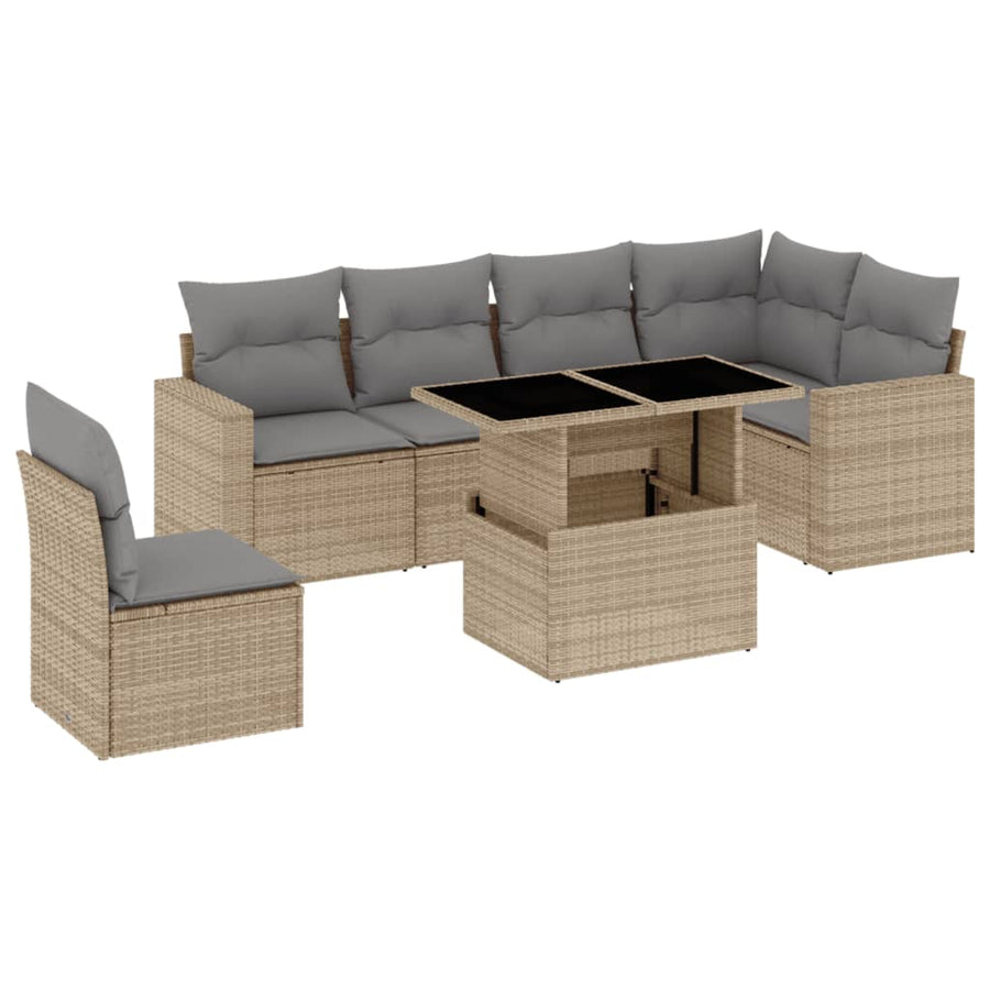 7-delige Loungeset met kussens poly rattan beige