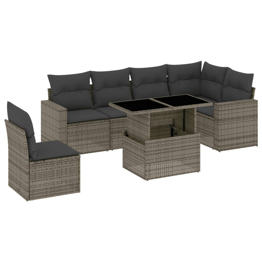 7-delige Loungeset met kussens poly rattan grijs