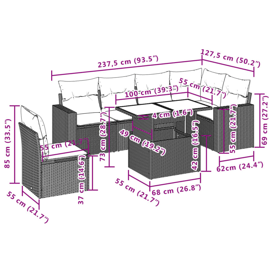 7-delige Loungeset met kussens poly rattan grijs