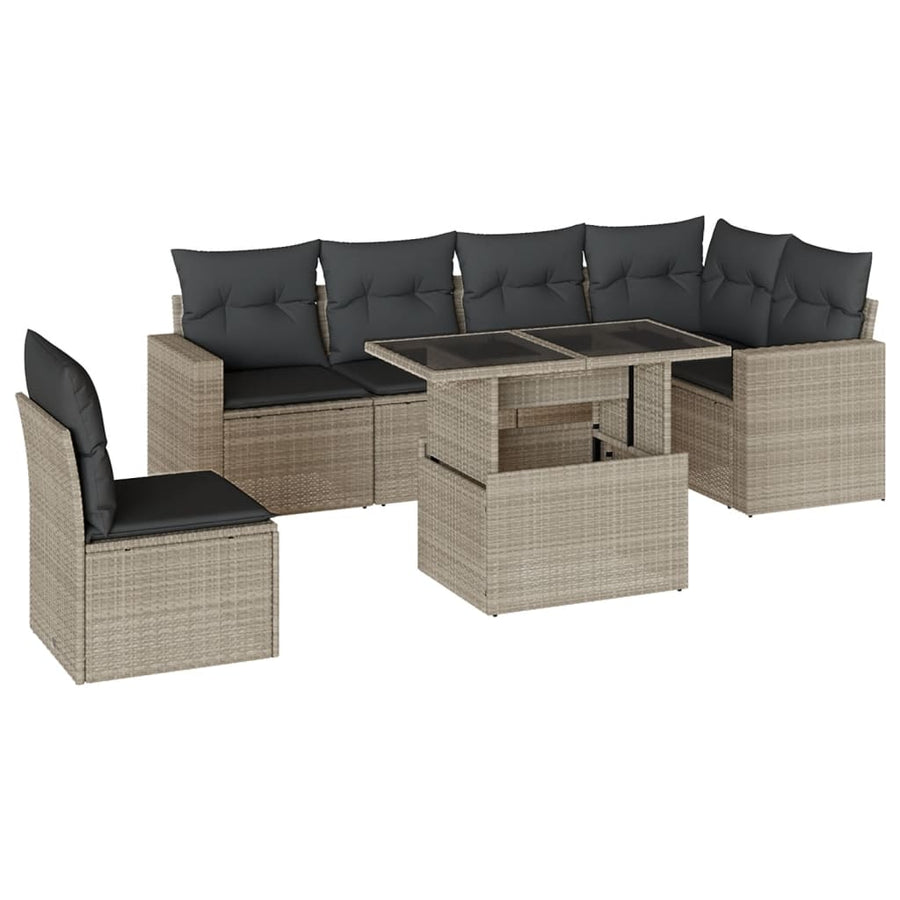 7-delige Loungeset met kussens poly rattan lichtgrijs