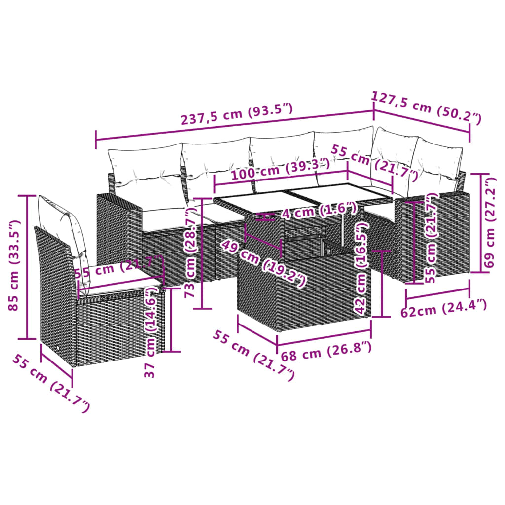7-delige Loungeset met kussens poly rattan lichtgrijs