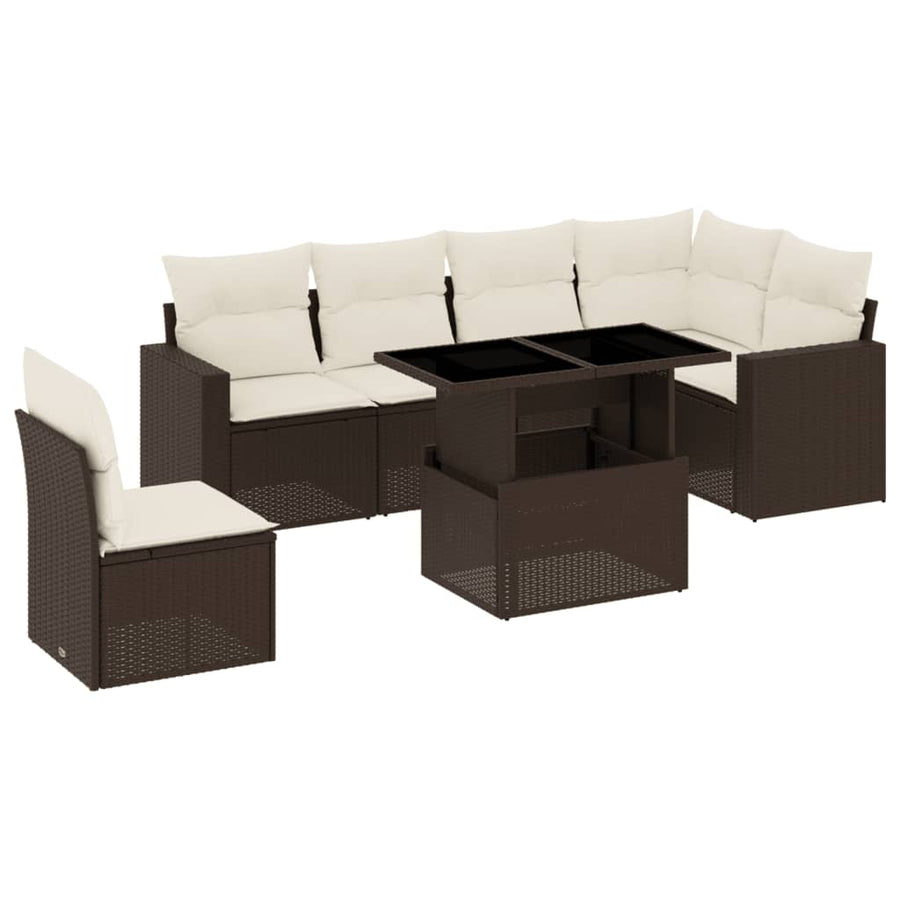 7-delige Loungeset met kussens poly rattan bruin