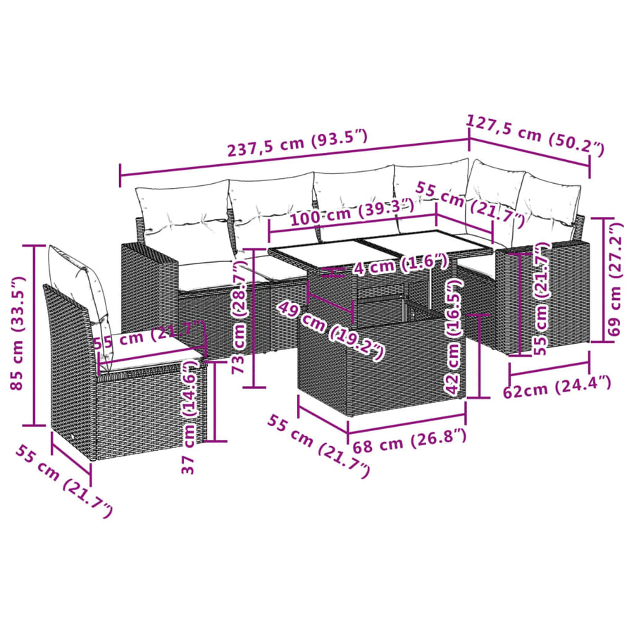 7-delige Loungeset met kussens poly rattan bruin