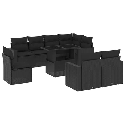 9-delige Loungeset met kussens poly rattan zwart