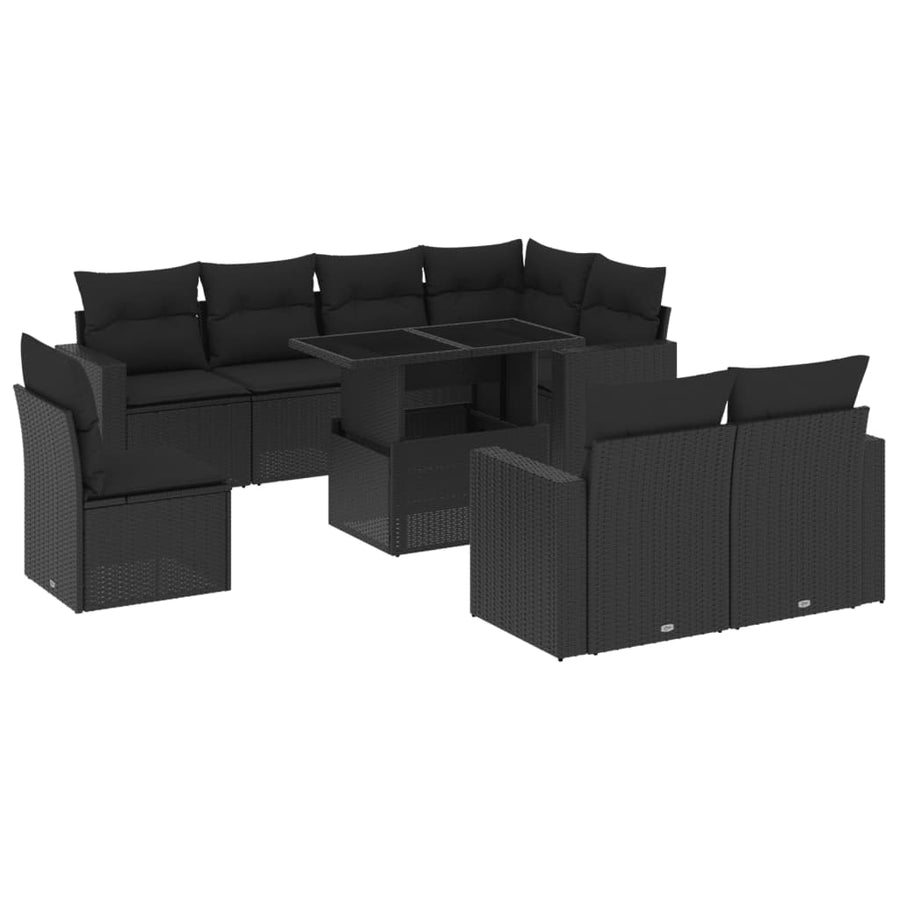 9-delige Loungeset met kussens poly rattan zwart