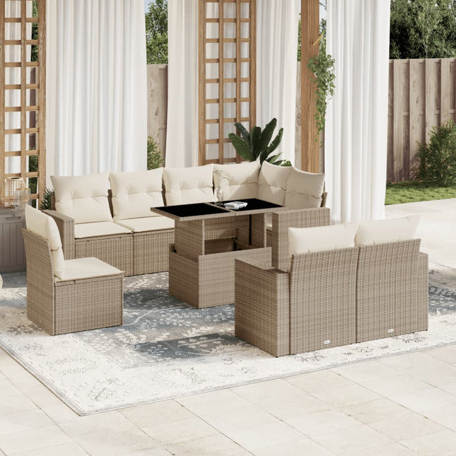 9-delige Loungeset met kussens poly rattan beige