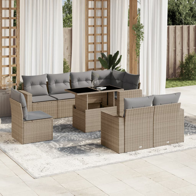 9-delige Loungeset met kussens poly rattan beige