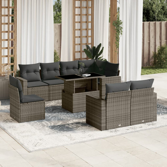 9-delige Loungeset met kussens poly rattan grijs