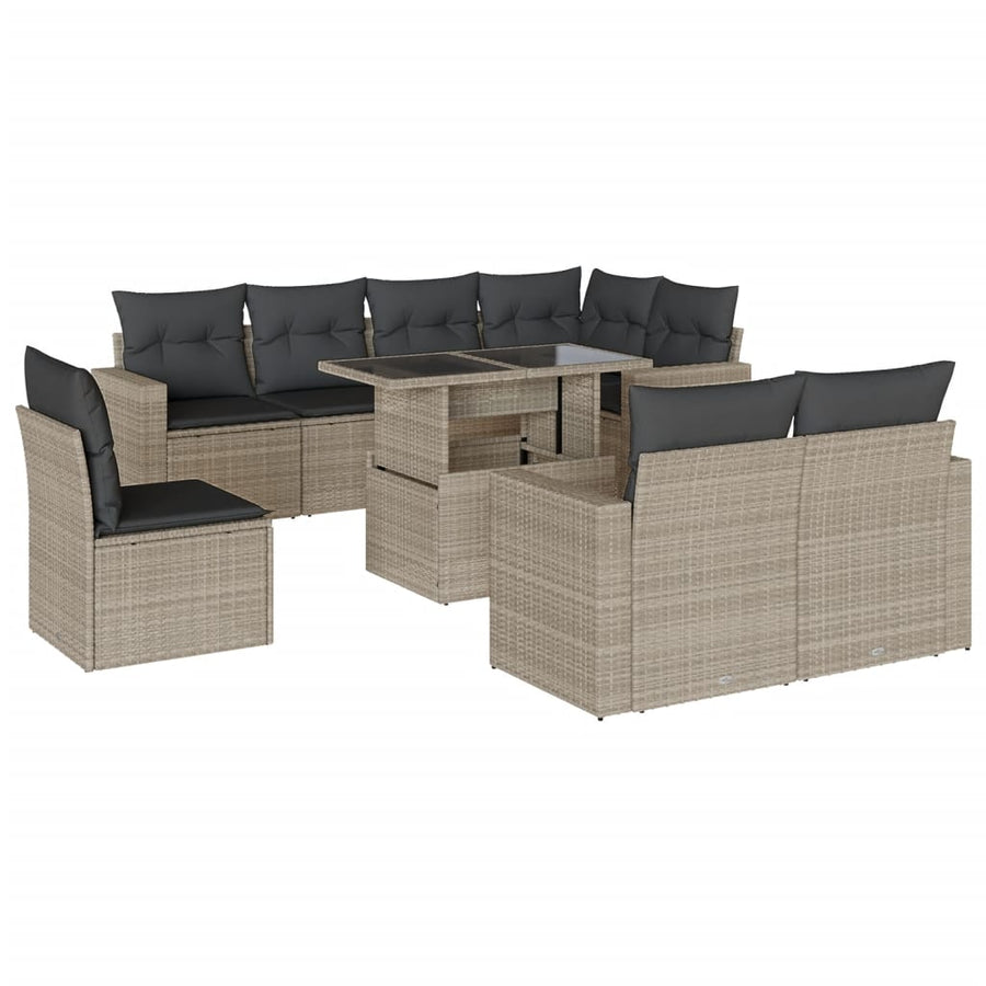 9-delige Loungeset met kussens poly rattan lichtgrijs
