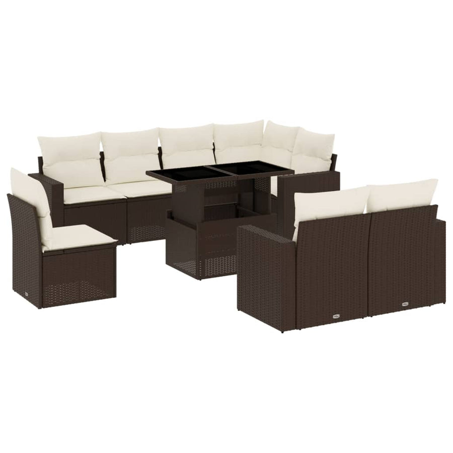 9-delige Loungeset met kussens poly rattan bruin