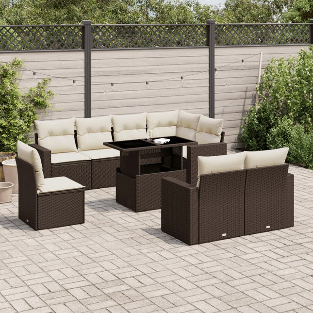 9-delige Loungeset met kussens poly rattan bruin