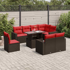 9-piece garden sofa set with cushions, brown poly rattan