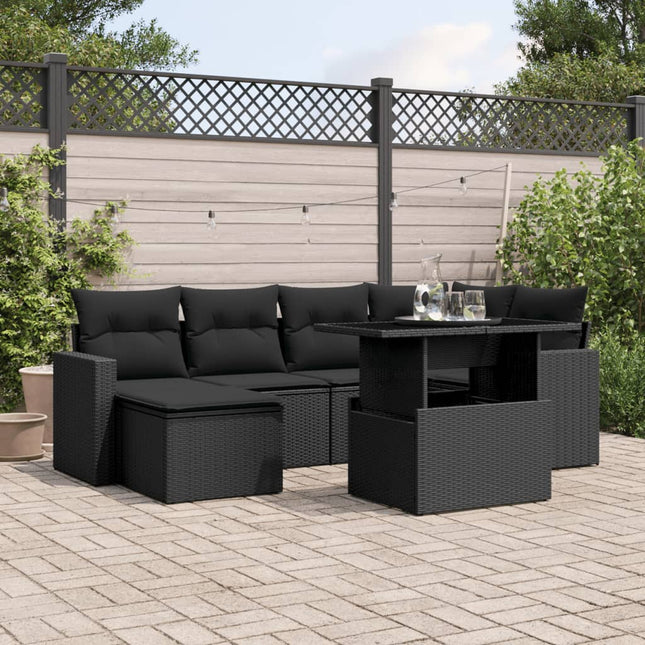 7-delige Loungeset met kussens poly rattan zwart