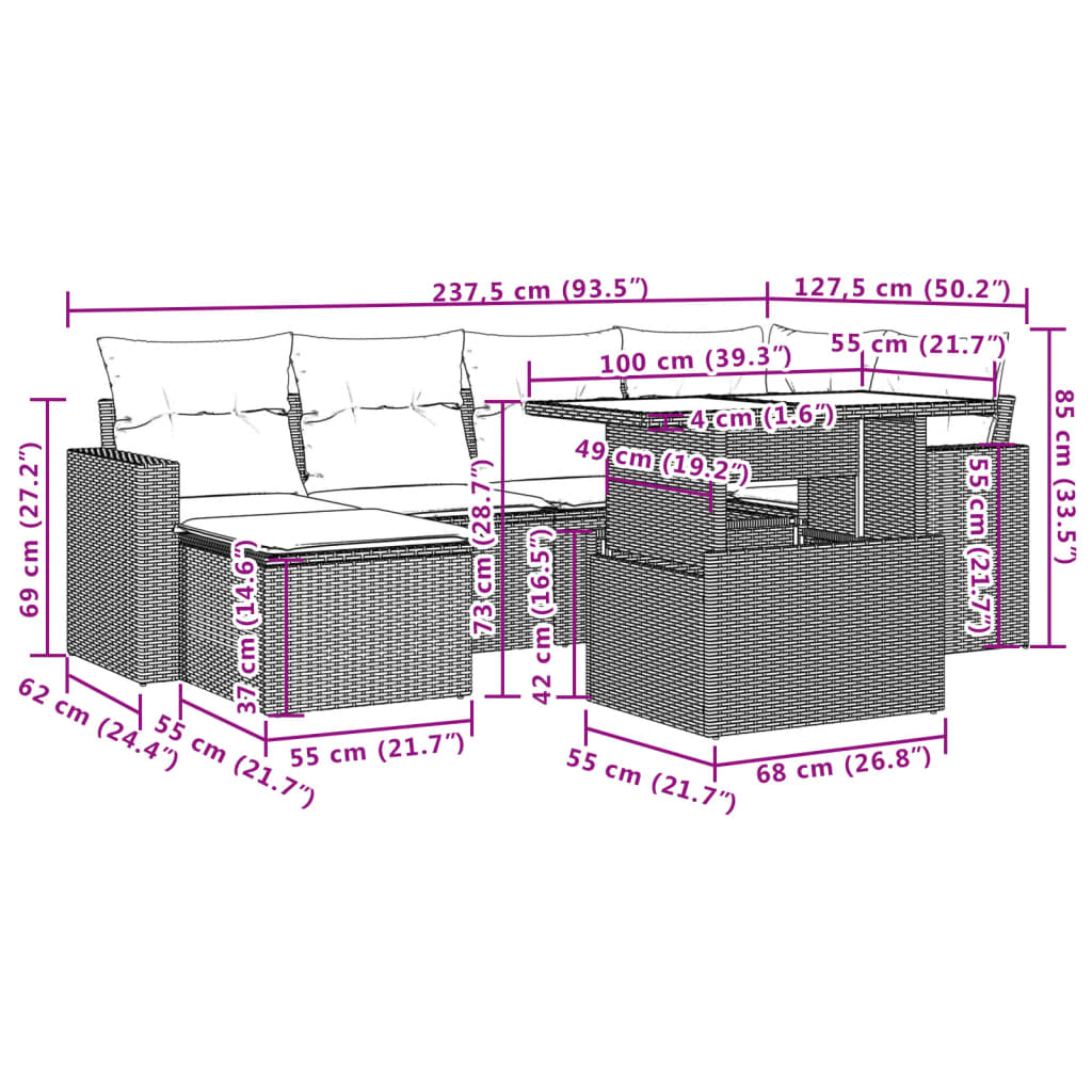 7-delige Loungeset met kussens poly rattan zwart