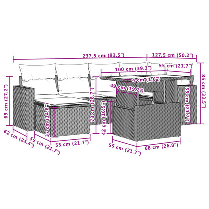 7-delige Loungeset met kussens poly rattan zwart