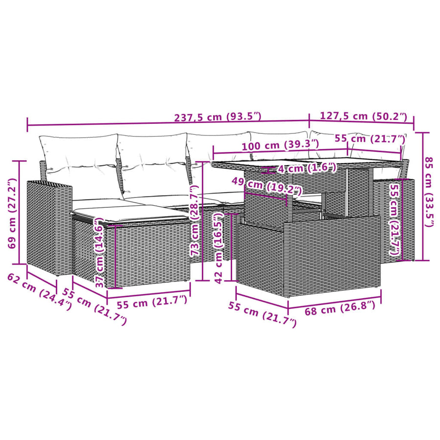 7-delige Loungeset met kussens poly rattan zwart