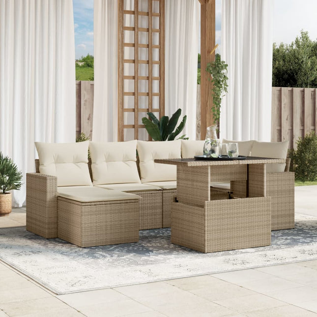 7-delige Loungeset met kussens poly rattan beige