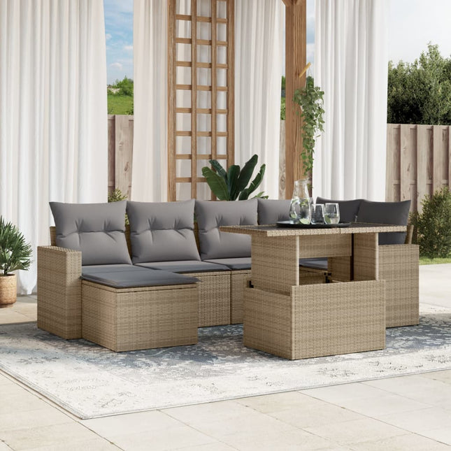 7-delige Loungeset met kussens poly rattan beige