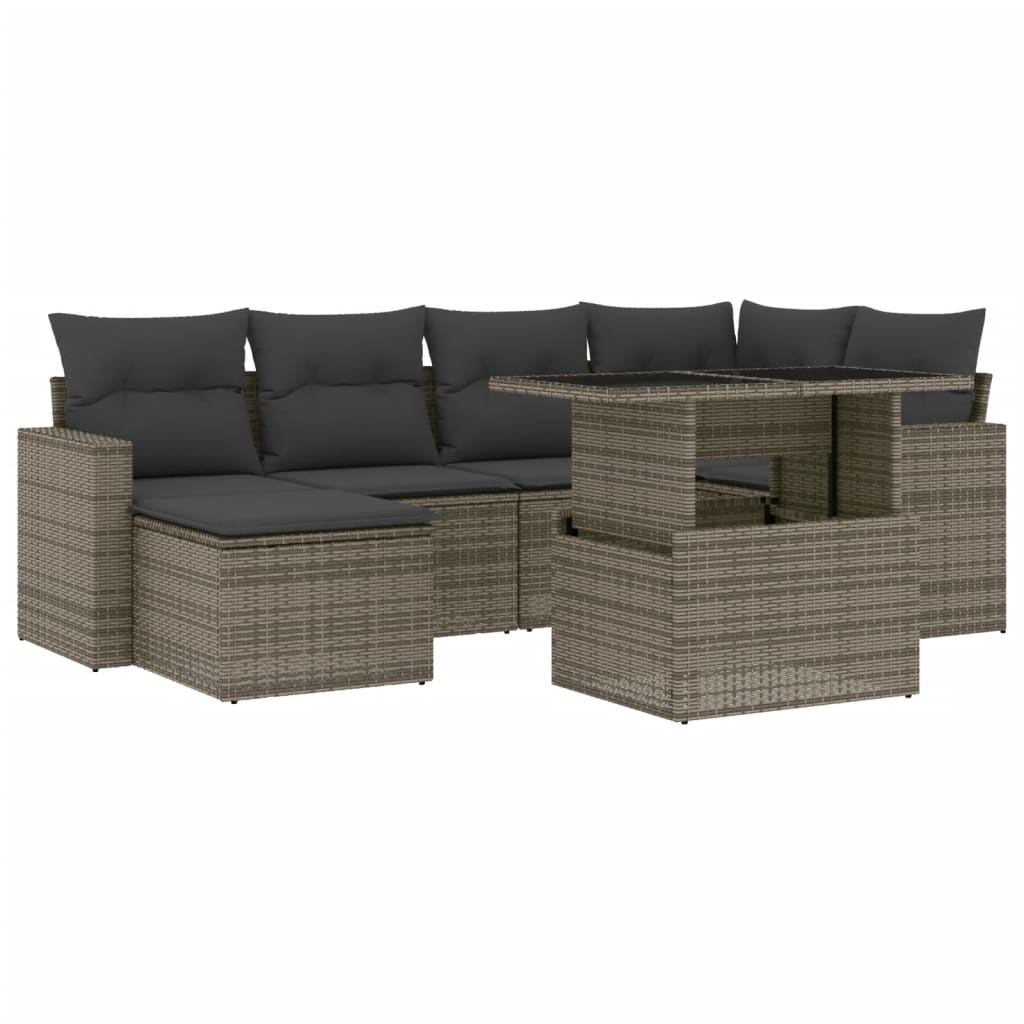 7-delige Loungeset met kussens poly rattan grijs