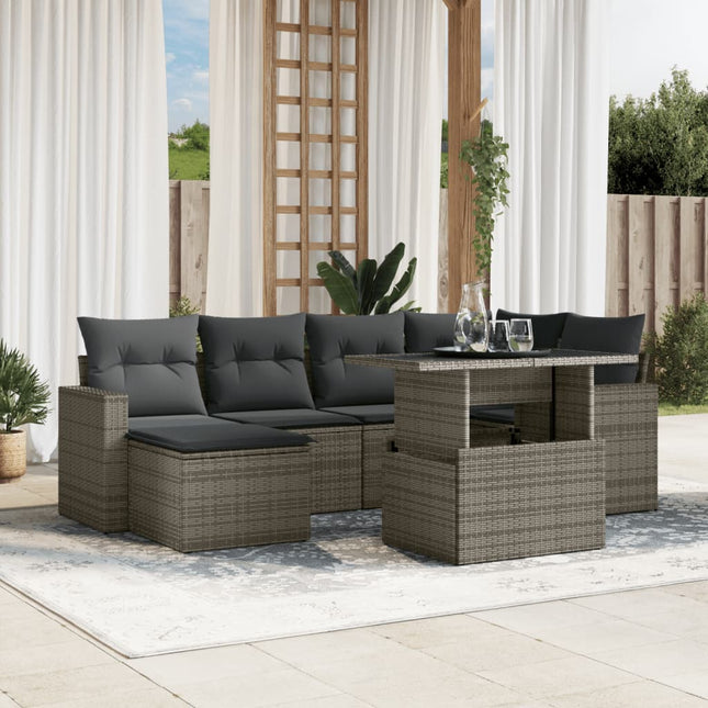 7-delige Loungeset met kussens poly rattan grijs