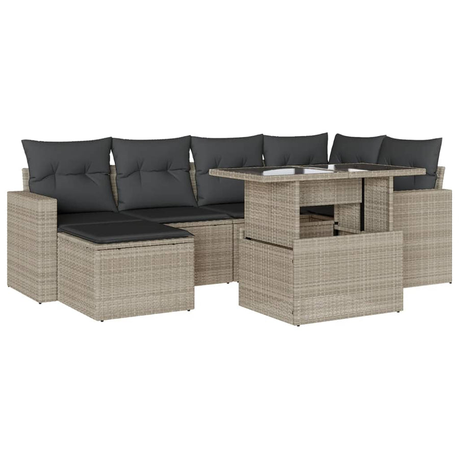 7-delige Loungeset met kussens poly rattan lichtgrijs