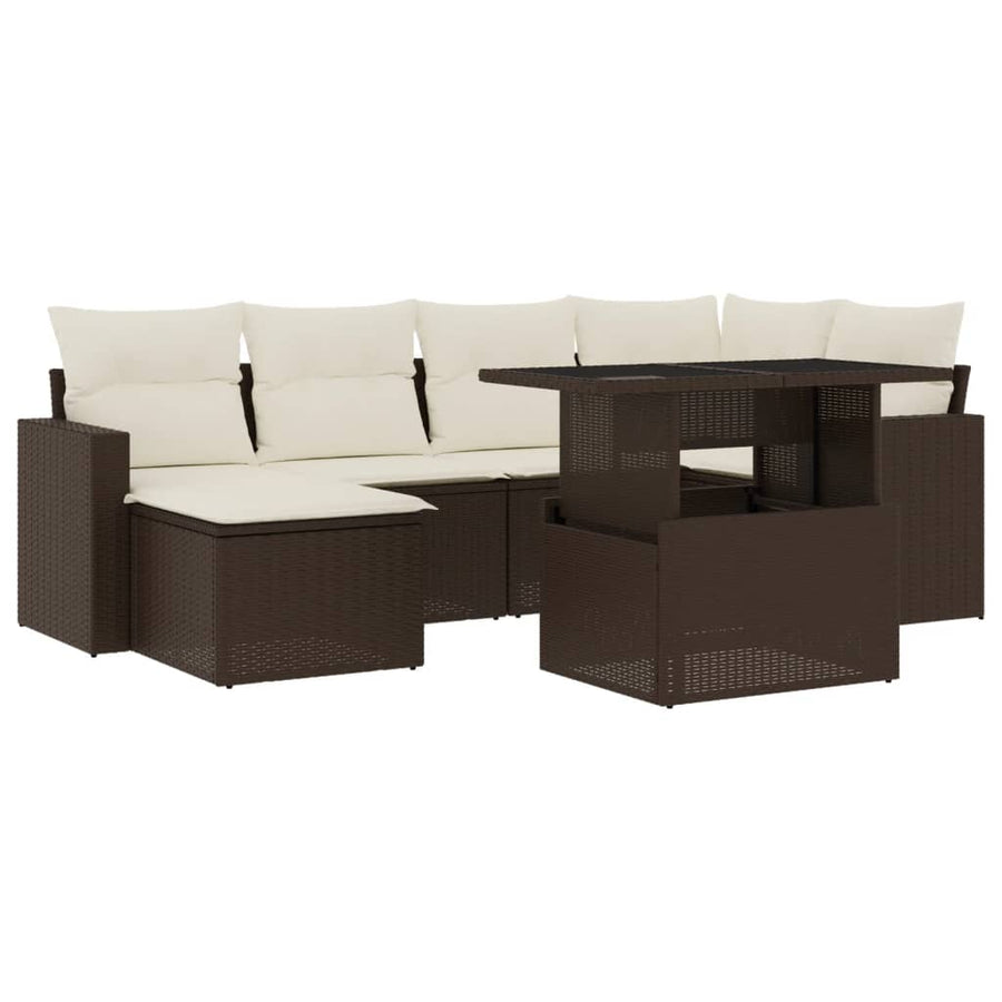 7-delige Loungeset met kussens poly rattan bruin