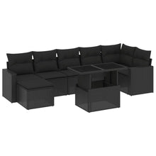 8-delige Loungeset met kussens poly rattan zwart