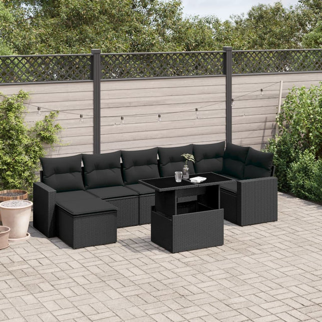 8-delige Loungeset met kussens poly rattan zwart