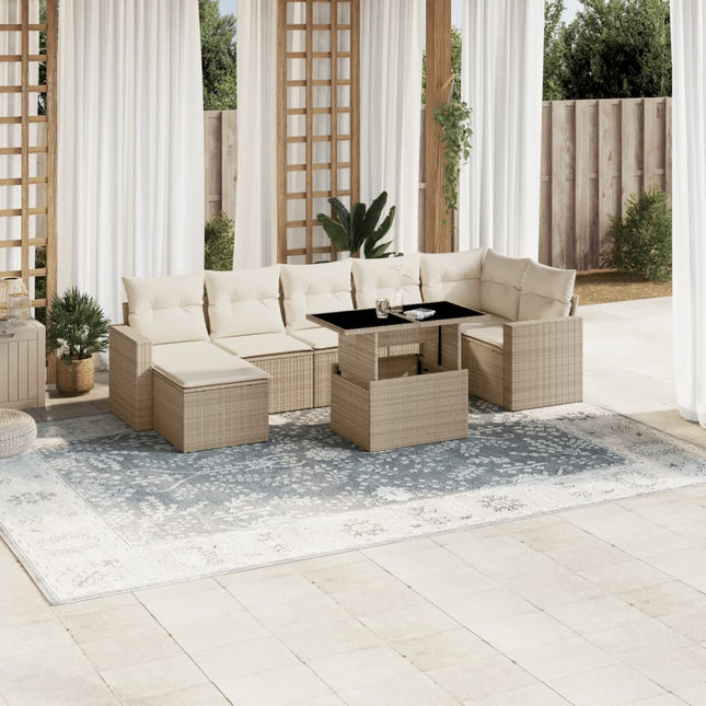 8-delige Loungeset met kussens poly rattan beige