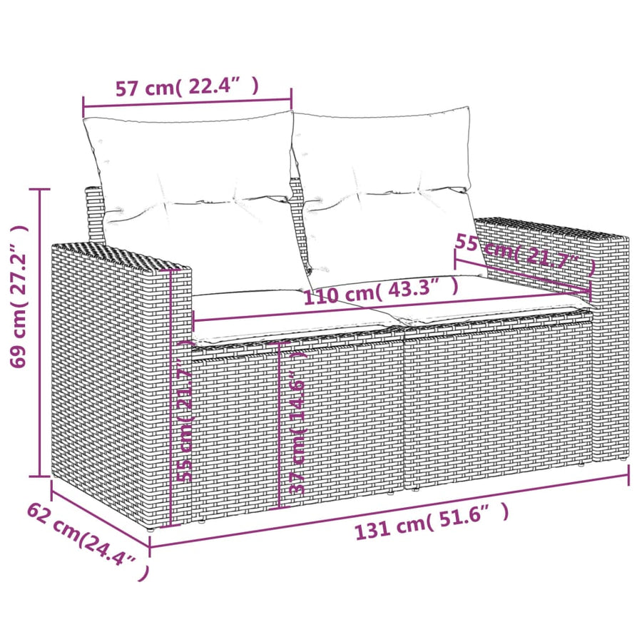 8-delige Loungeset met kussens poly rattan grijs
