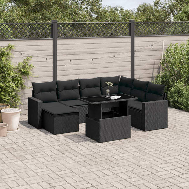 8-delige Loungeset met kussens poly rattan zwart