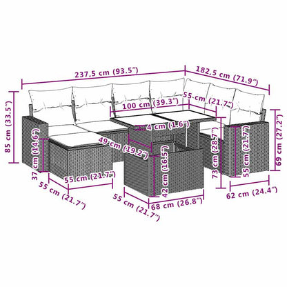 8-delige tuinbankset met kussens, grijs polyrotan