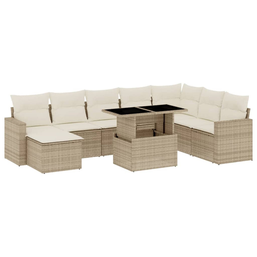 9-delige Loungeset met kussens poly rattan beige
