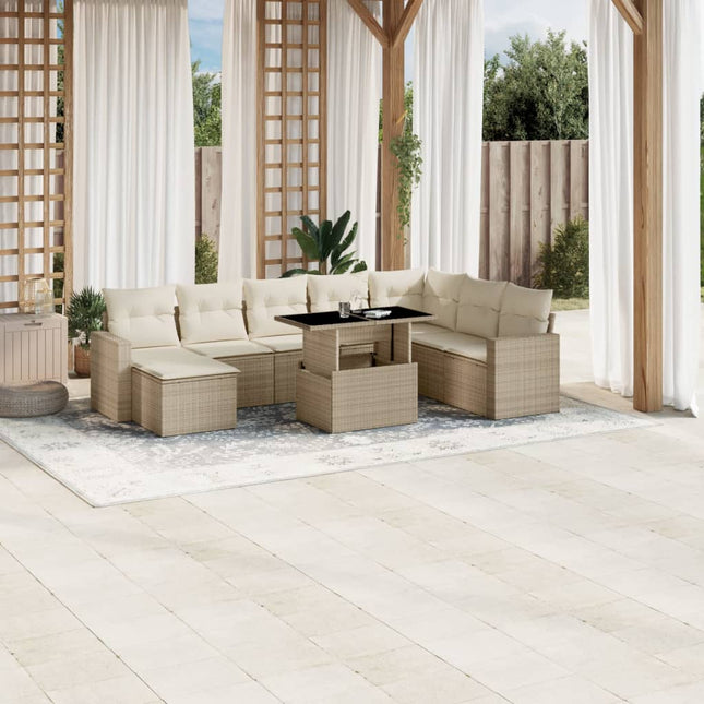 9-delige Loungeset met kussens poly rattan beige