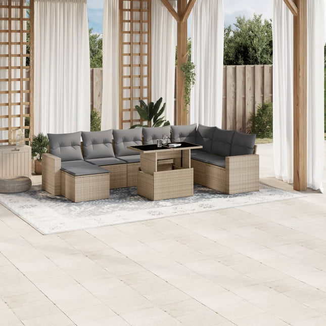 9-delige Loungeset met kussens poly rattan beige