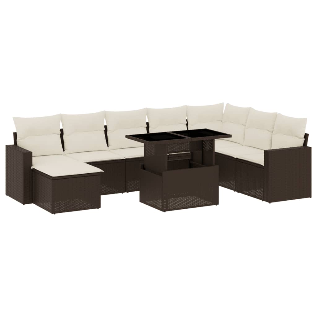 9-delige Loungeset met kussens poly rattan bruin