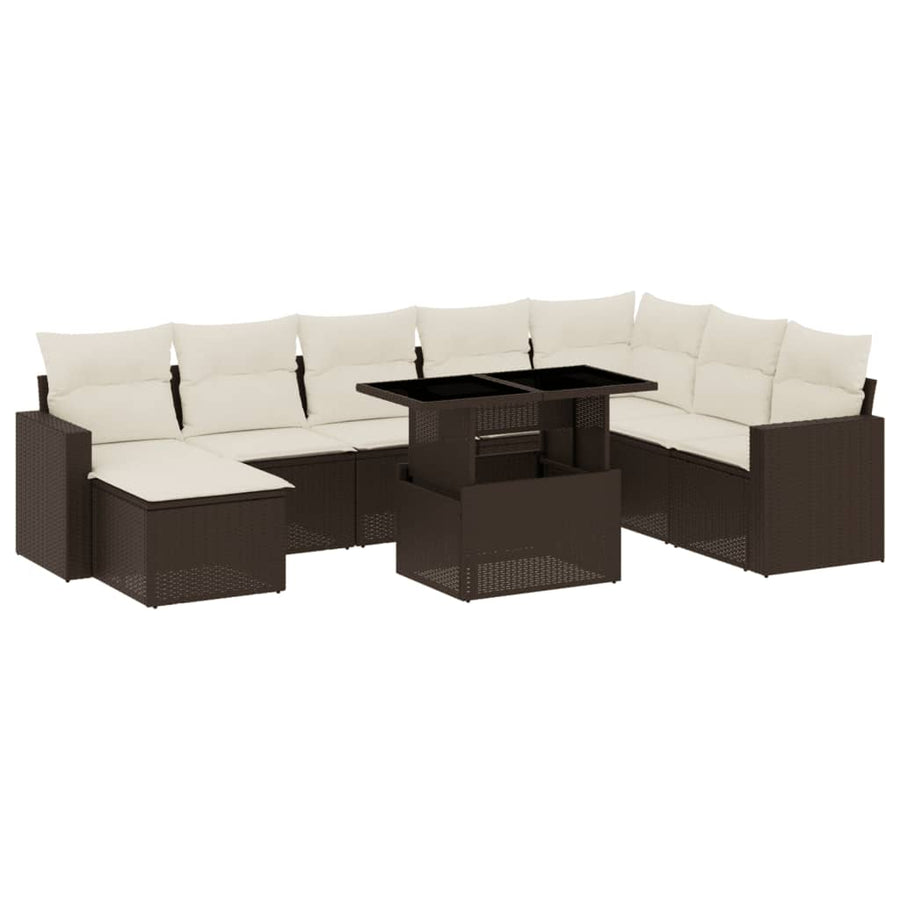 9-delige Loungeset met kussens poly rattan bruin