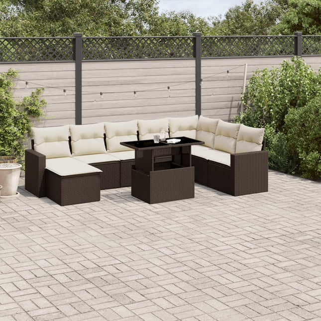 9-delige Loungeset met kussens poly rattan bruin