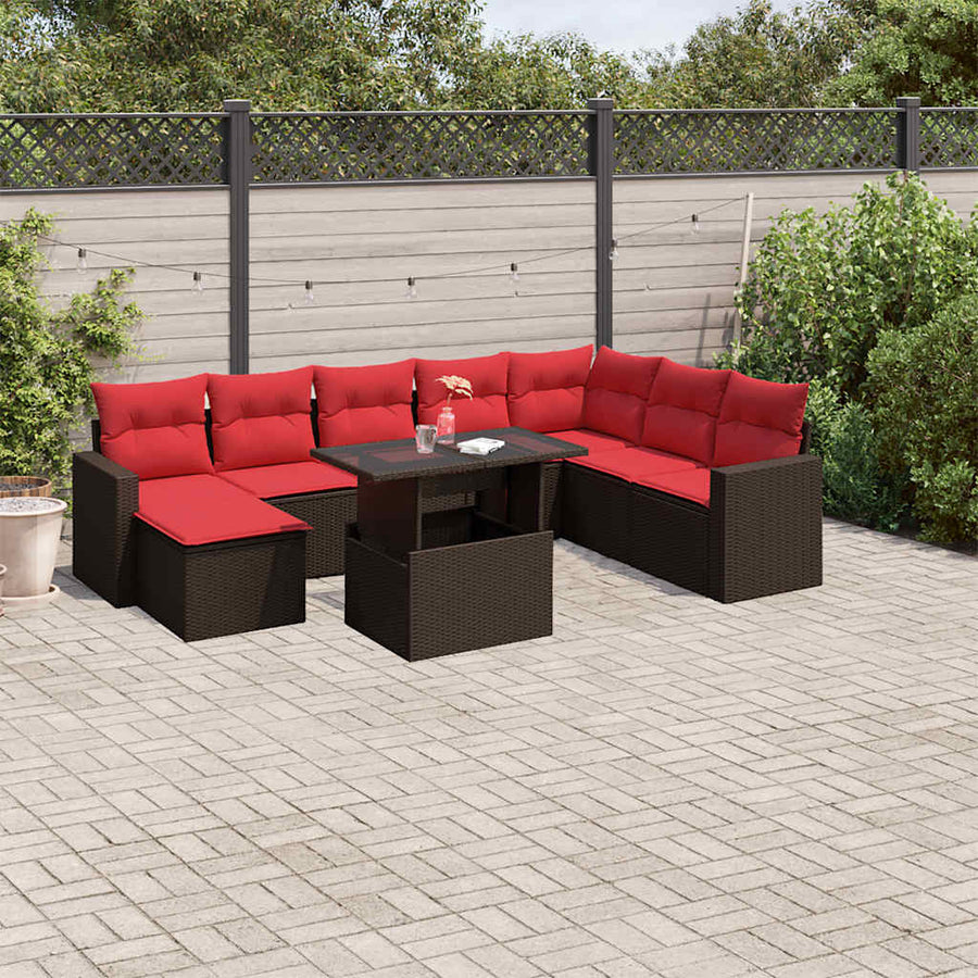 9-delige tuinbankset met kussens, bruin polyrotan