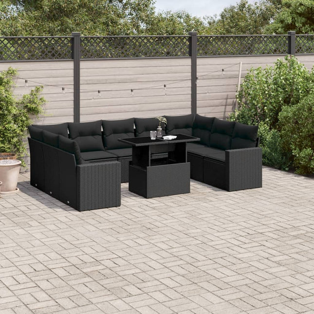 10-delige Loungeset met kussens poly rattan zwart